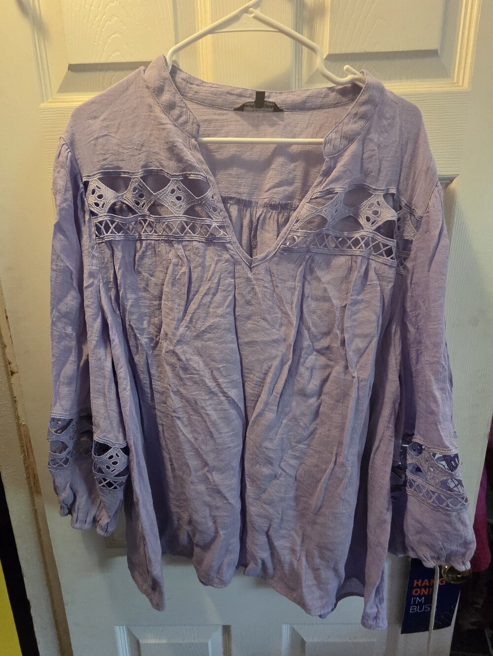 Lavender Open Lace V-Neck Peasant Blouse - Women